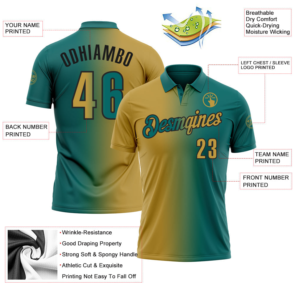 Custom Teal Old Gold-Black 3D Gradient Fashion Performance Polo Shirt