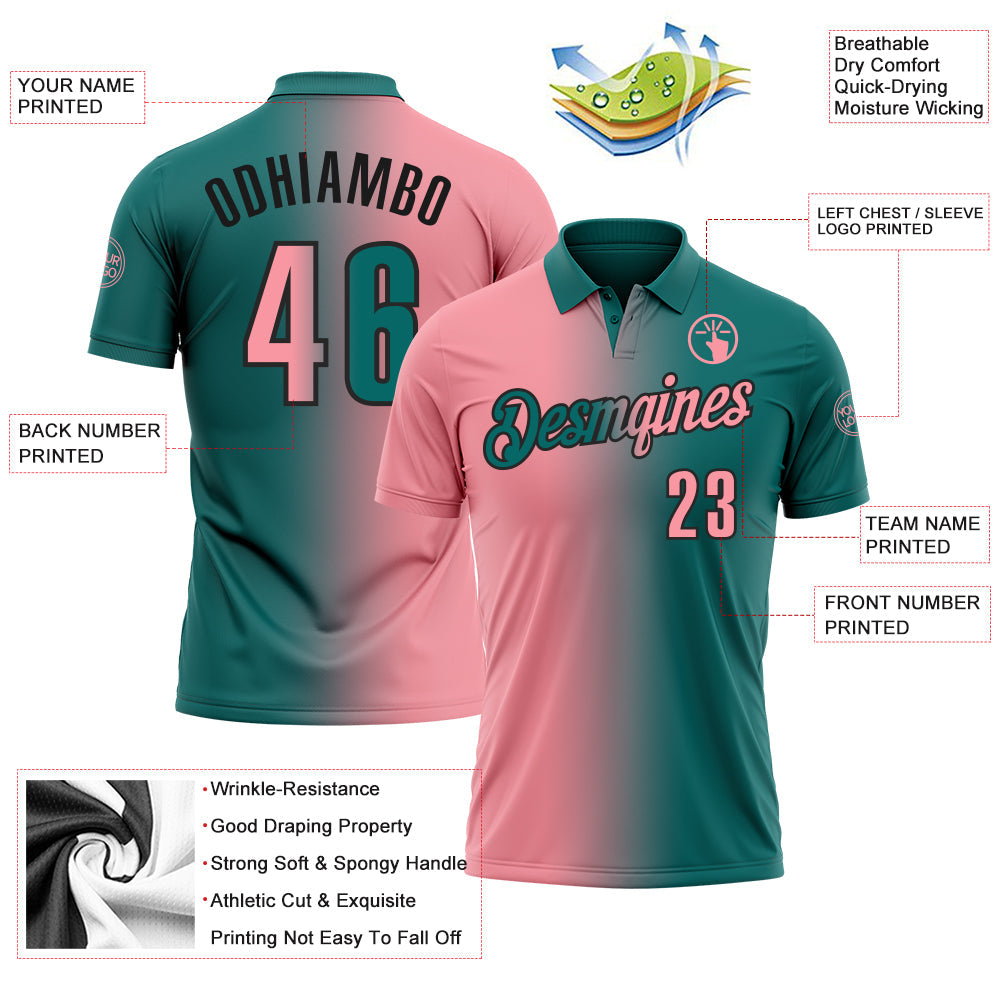 Custom Teal Medium Pink-Black 3D Gradient Fashion Performance Polo Shirt