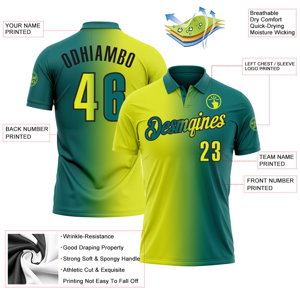 Custom Teal Neon Yellow-Black 3D Gradient Fashion Performance Polo Shirt