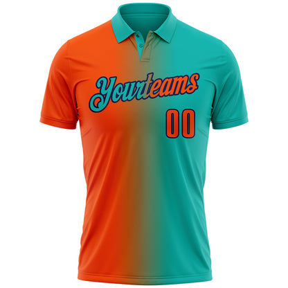 Custom Aqua Orange-Navy 3D Gradient Fashion Performance Polo Shirt