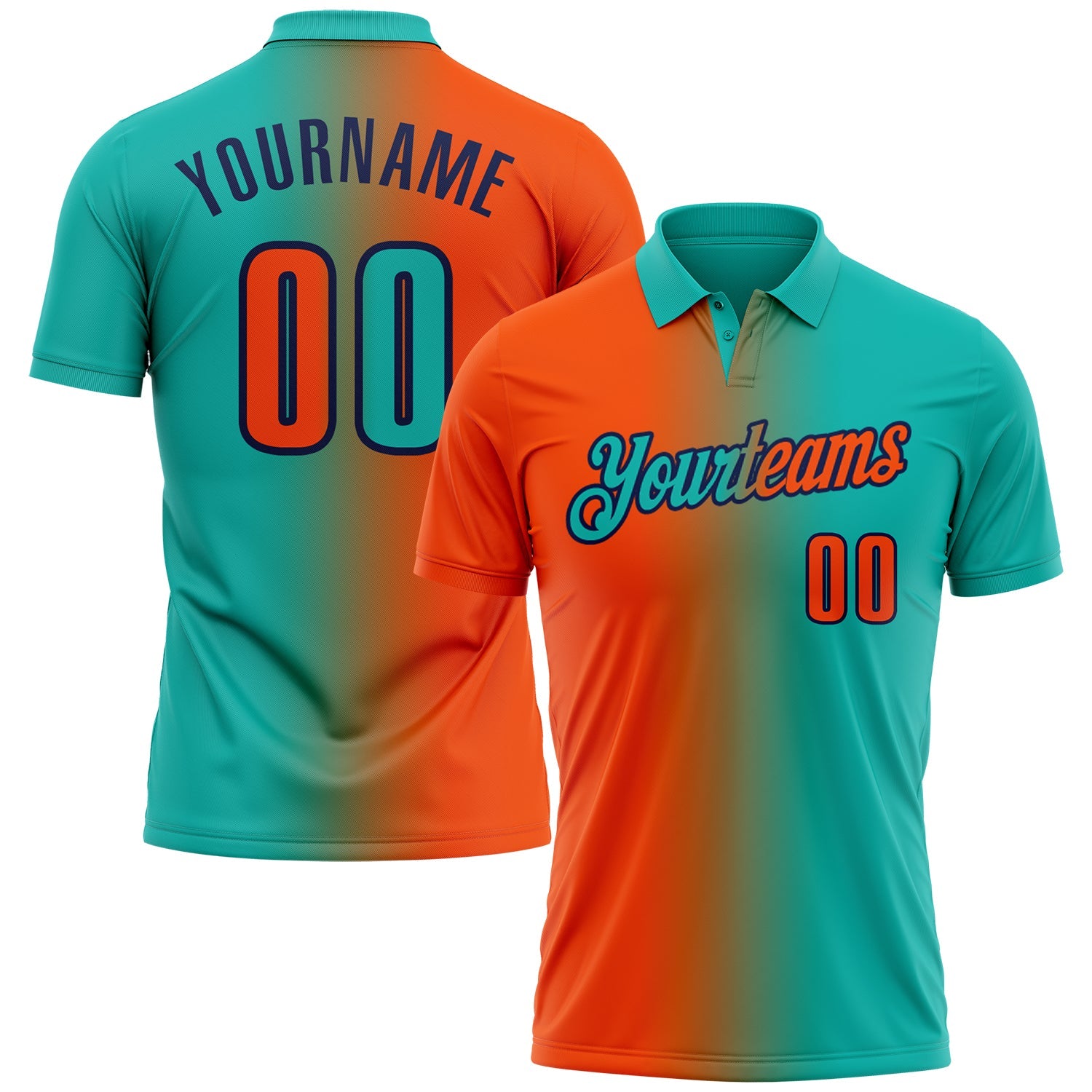 Custom Aqua Orange-Navy 3D Gradient Fashion Performance Polo Shirt