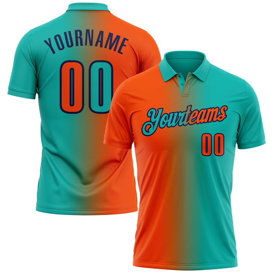 Custom Aqua Orange-Navy 3D Gradient Fashion Performance Polo Shirt