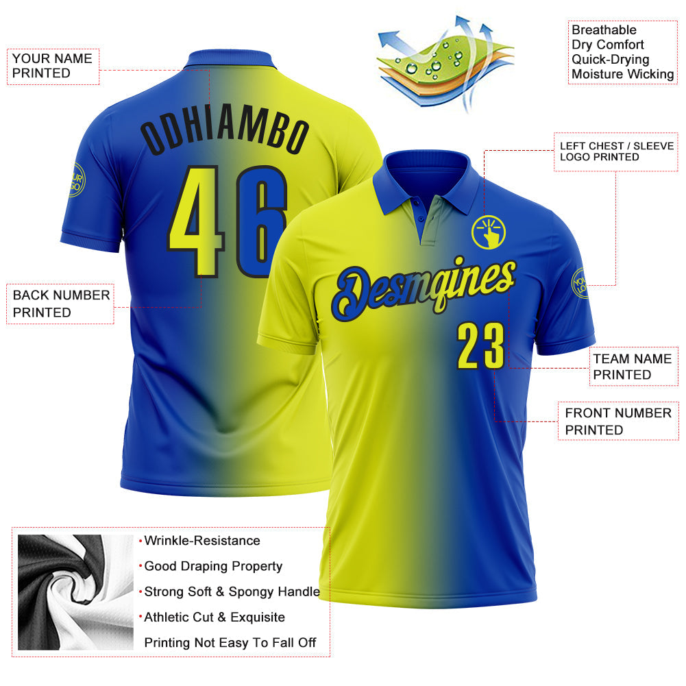 Custom Thunder Blue Neon Yellow-Black 3D Gradient Fashion Performance Polo Shirt