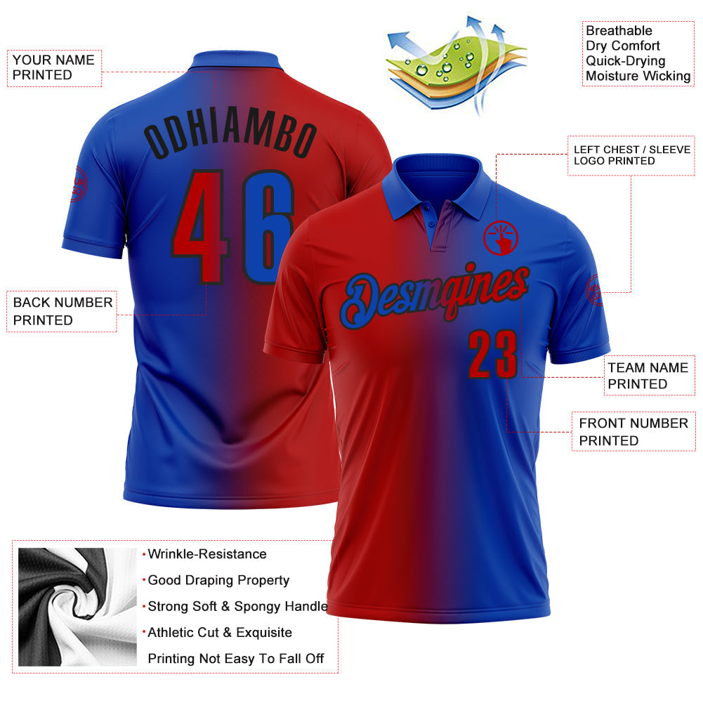 Custom Thunder Blue Red-Black 3D Gradient Fashion Performance Polo Shirt