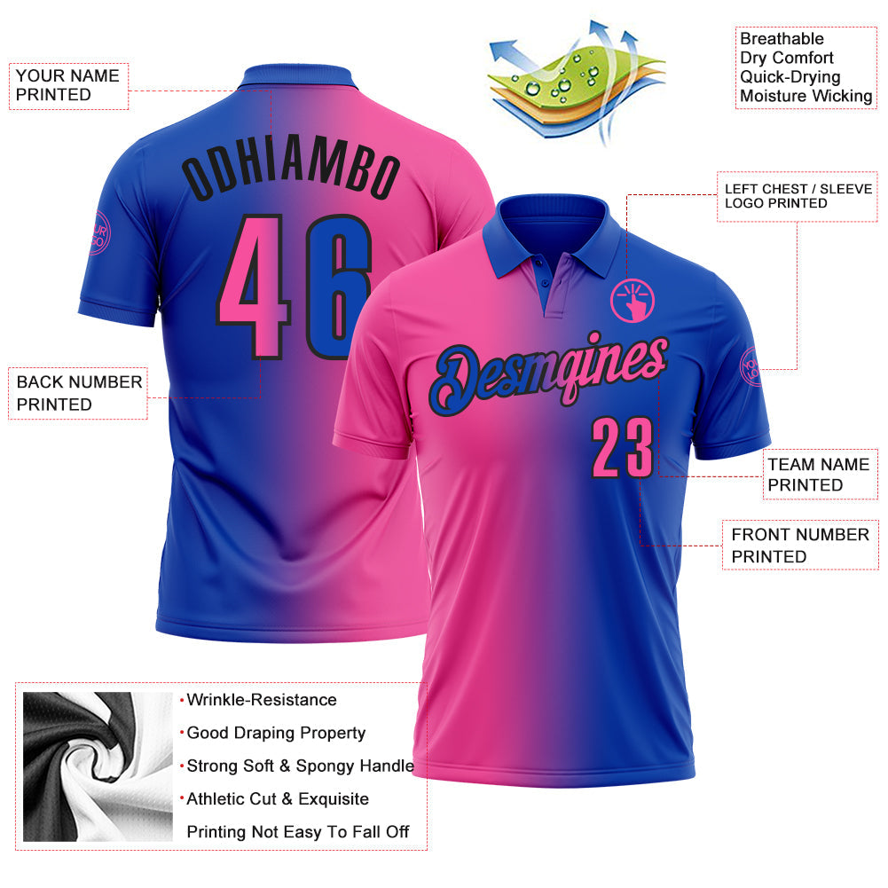 Custom Thunder Blue Pink-Black 3D Gradient Fashion Performance Polo Shirt