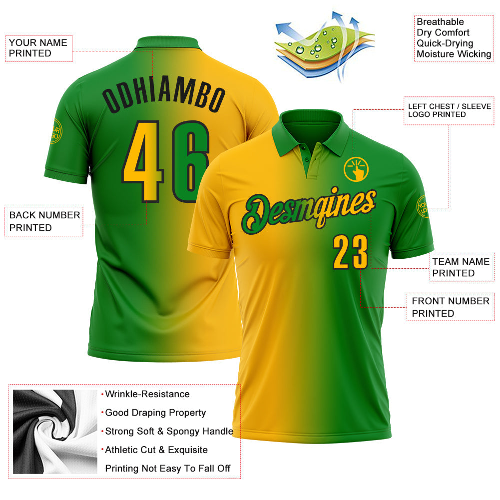 Custom Grass Green Gold-Black 3D Gradient Fashion Performance Polo Shirt
