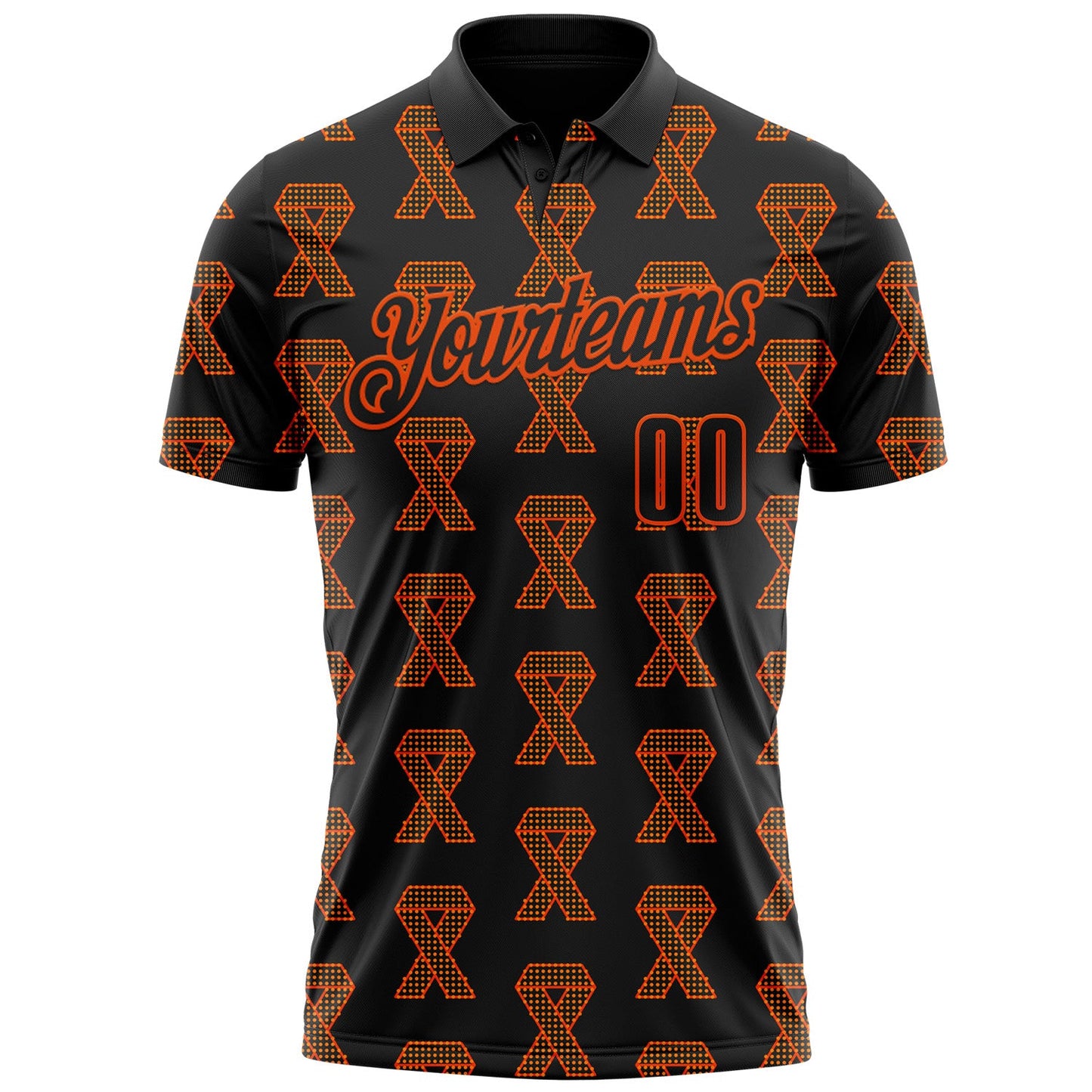 Custom Black Orange 3D Pattern Design Orange Ribbon Kidney Cancer Awareness Performance Polo Shirt