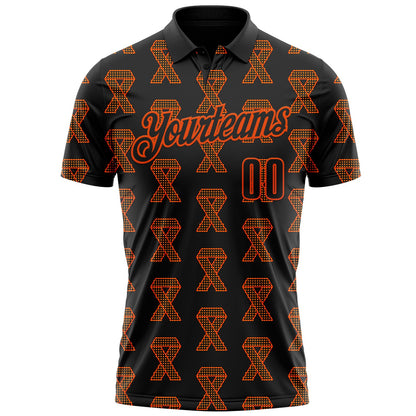Custom Black Orange 3D Pattern Design Orange Ribbon Kidney Cancer Awareness Performance Polo Shirt