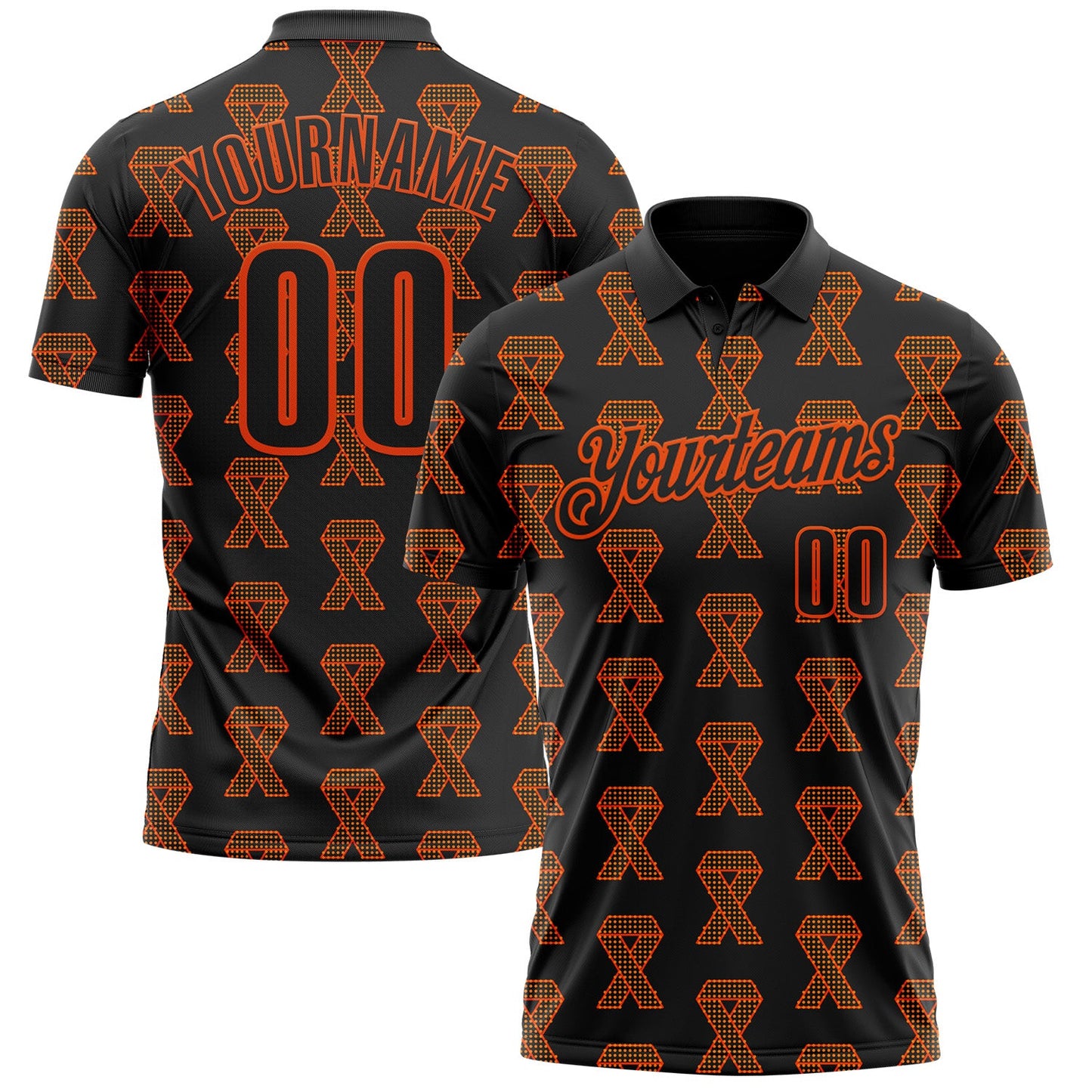 Custom Black Orange 3D Pattern Design Orange Ribbon Kidney Cancer Awareness Performance Polo Shirt