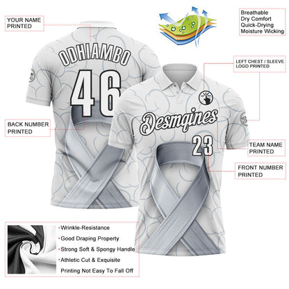 Custom White Black 3D Pattern Design Gray Ribbon Brain Cancer Cancer Awareness Performance Polo Shirt