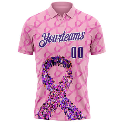 Custom Light Pink Purple-White 3D Pink Ribbon Breast Cancer Awareness Performance Polo Shirt