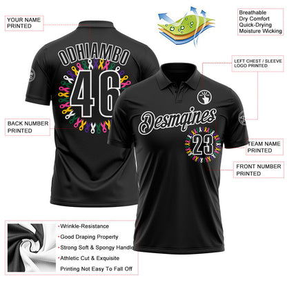 Custom Black White 3D Pattern Design Ribbon Cancer Awareness World Cancer Day Performance Polo Shirt
