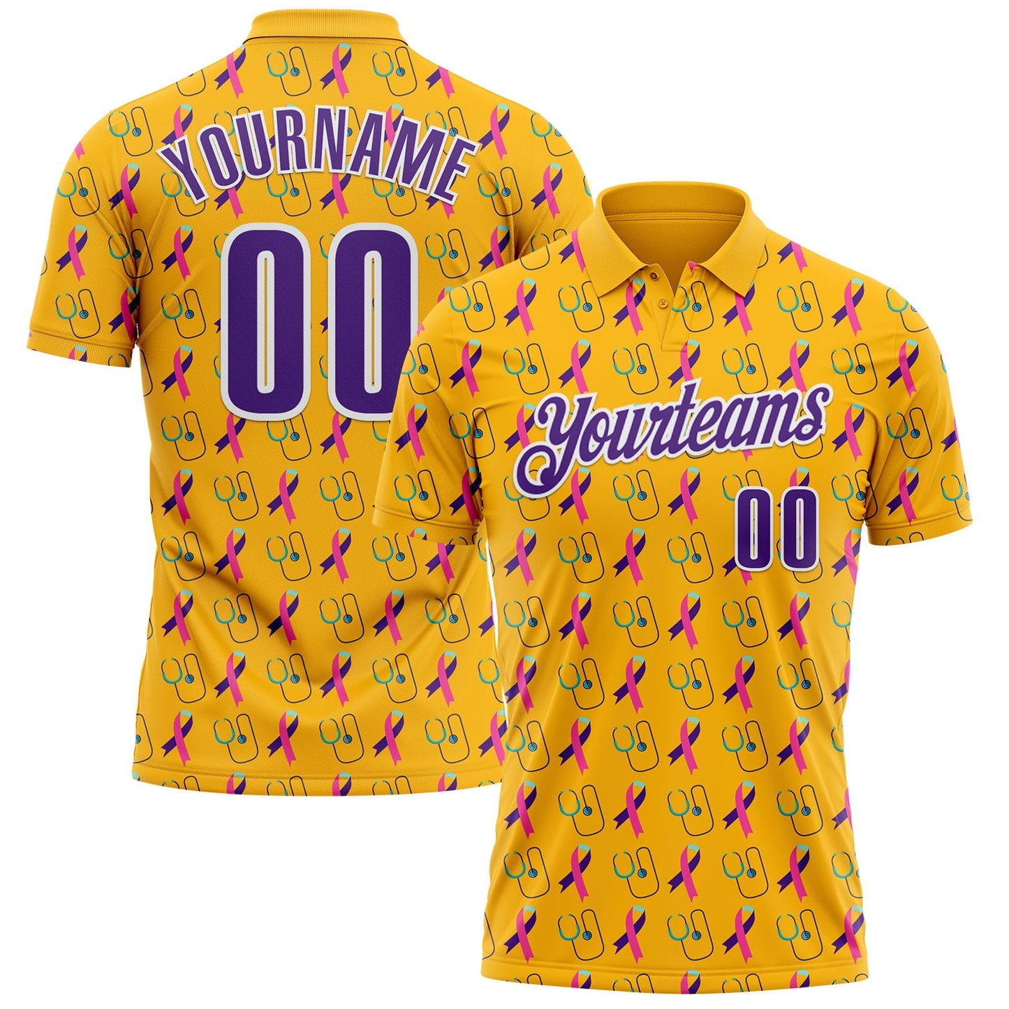 Custom Gold Purple-White 3D Pattern Design Purple Teal Pink Ribbon Thyroid Cancer Awareness World Cancer Day Performance Polo Shirt