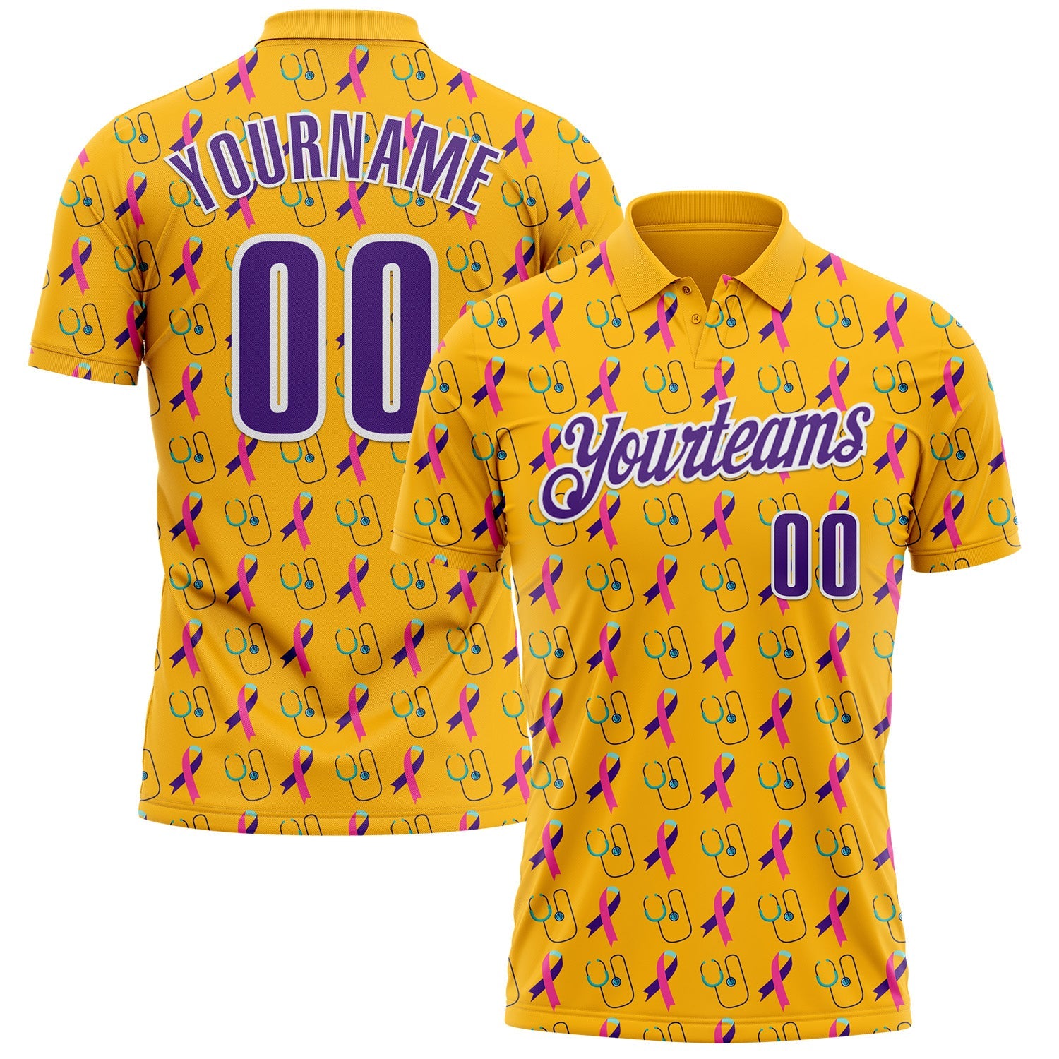Custom Gold Purple-White 3D Pattern Design Purple Teal Pink Ribbon Thyroid Cancer Awareness World Cancer Day Performance Polo Shirt