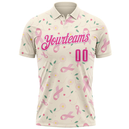 Custom Cream Pink-White 3D Pink Ribbon Breast Cancer Awareness Floral Performance Polo Shirt