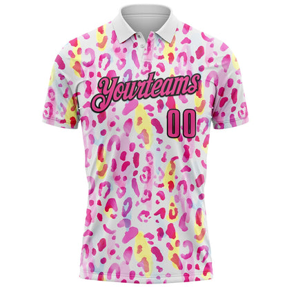 Custom White Pink-Black 3D Pink Ribbon Breast Cancer Awareness Leopard Pattern Football Performance Polo Shirt