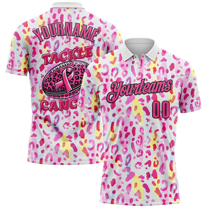 Custom White Pink-Black 3D Pink Ribbon Breast Cancer Awareness Leopard Pattern Football Performance Polo Shirt