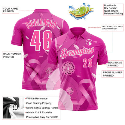 Custom Deep Pink Pink-White 3D Pink Ribbon Breast Cancer Awareness Floral Performance Polo Shirt