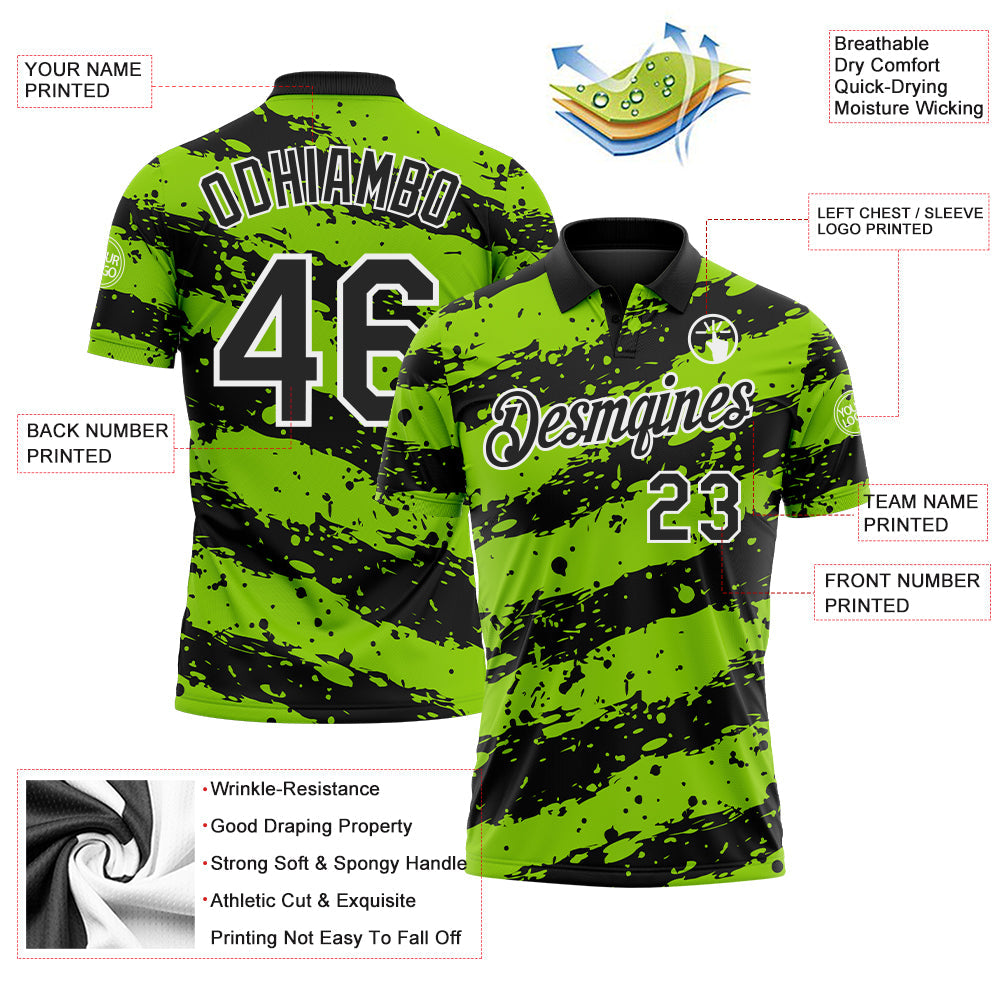 Custom Black Neon Green-White Paint Splash Stripe Performance Polo Shirt