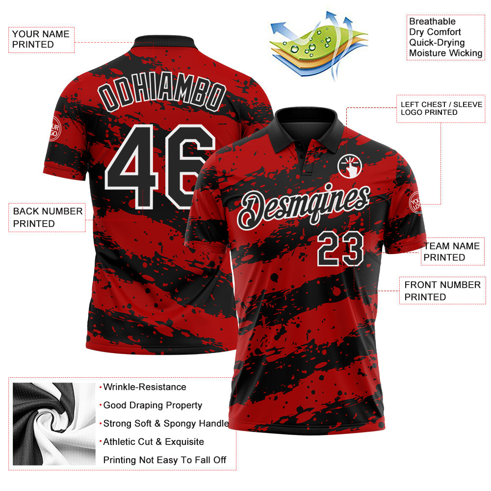 Custom Black Red-White Paint Splash Stripe Performance Polo Shirt
