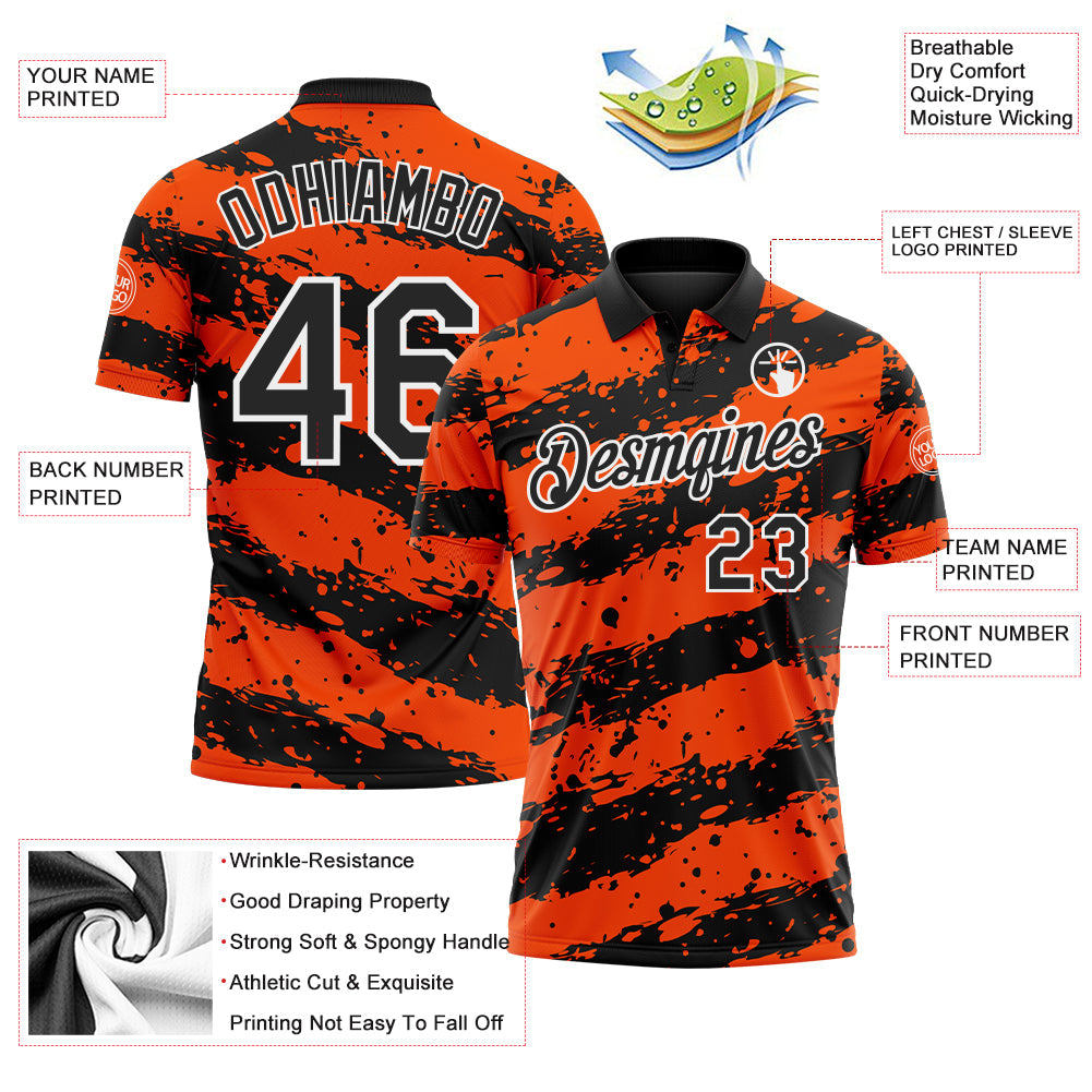 Custom Black Orange-White Paint Splash Stripe Performance Polo Shirt