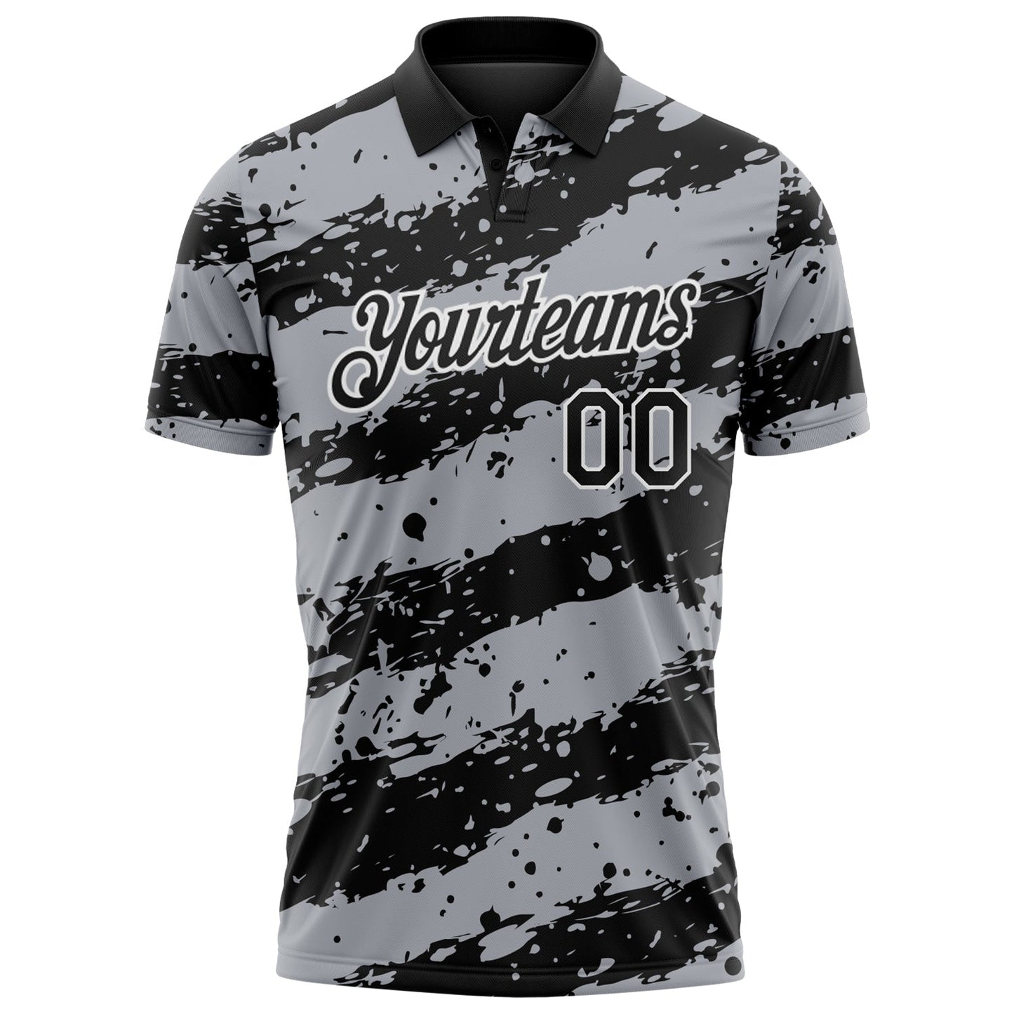 Custom Black Gray-White Paint Splash Stripe Performance Polo Shirt