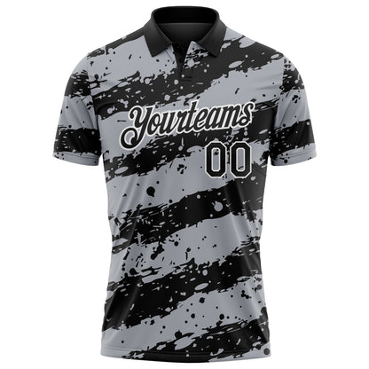 Custom Black Gray-White Paint Splash Stripe Performance Polo Shirt