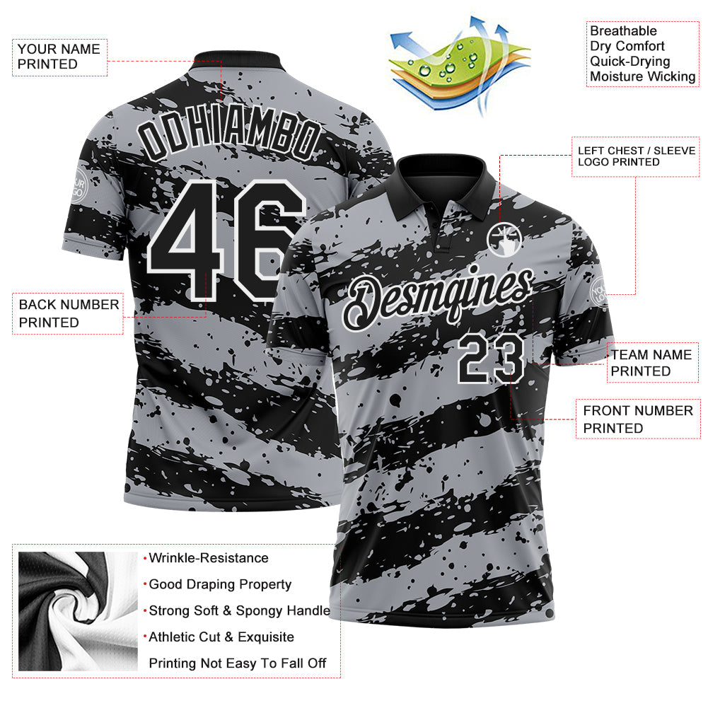 Custom Black Gray-White Paint Splash Stripe Performance Polo Shirt