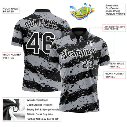 Custom Black Gray-White Paint Splash Stripe Performance Polo Shirt