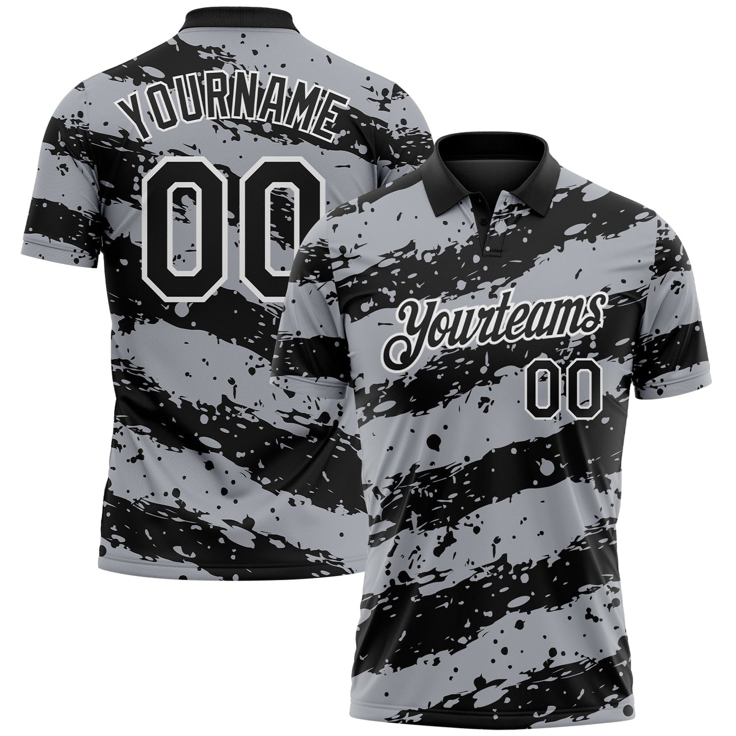 Custom Black Gray-White Paint Splash Stripe Performance Polo Shirt