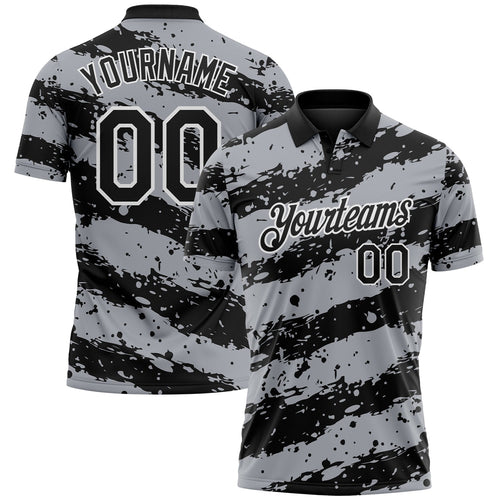Custom Black Gray-White Paint Splash Stripe Performance Polo Shirt