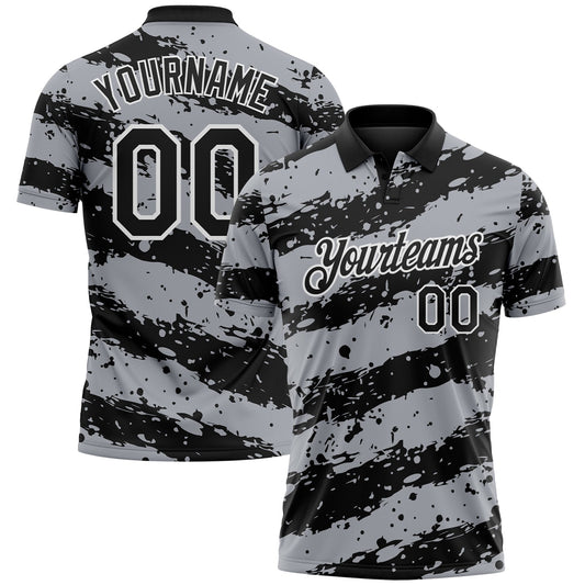 Custom Black Gray-White Paint Splash Stripe Performance Polo Shirt
