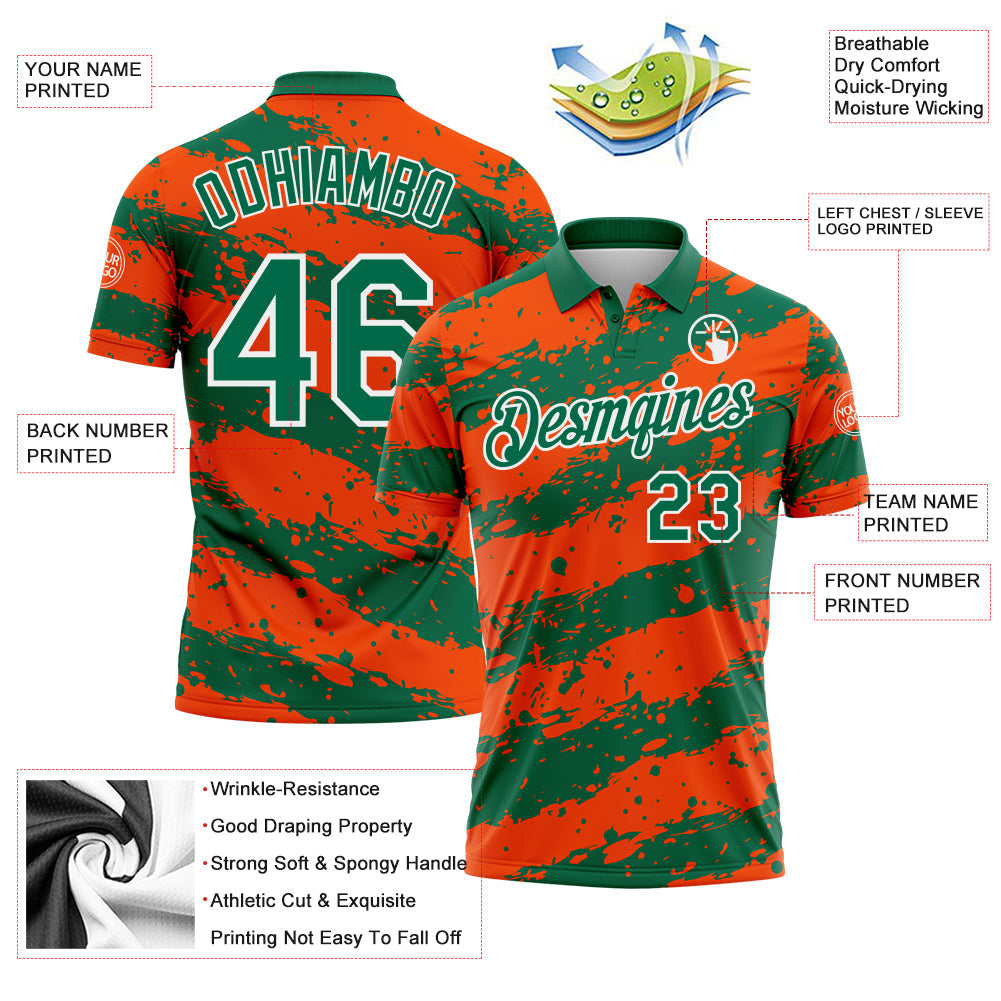 Custom Kelly Green Orange-White Paint Splash Stripe Performance Polo Shirt