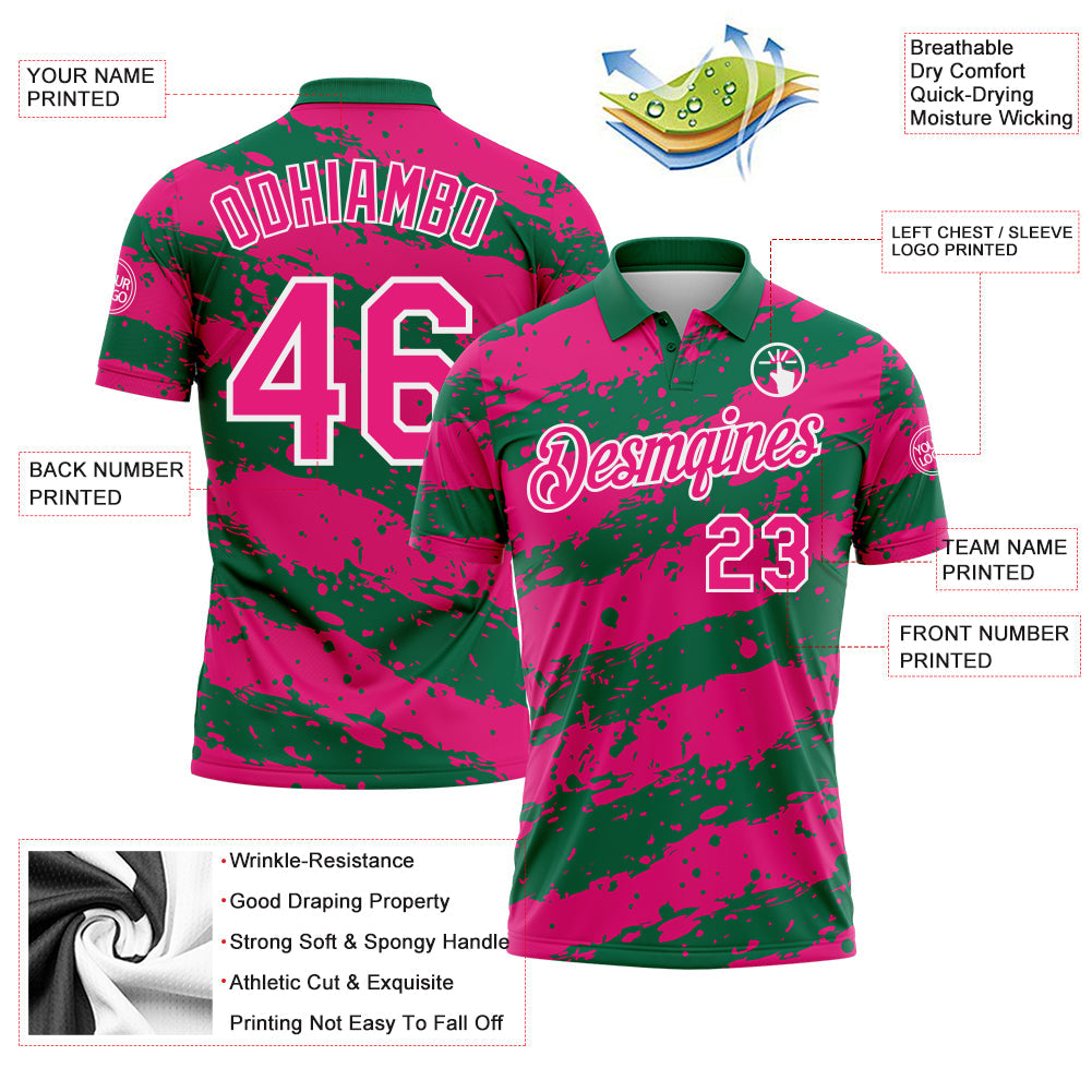 Custom Kelly Green Hot Pink-White Paint Splash Stripe Performance Polo Shirt