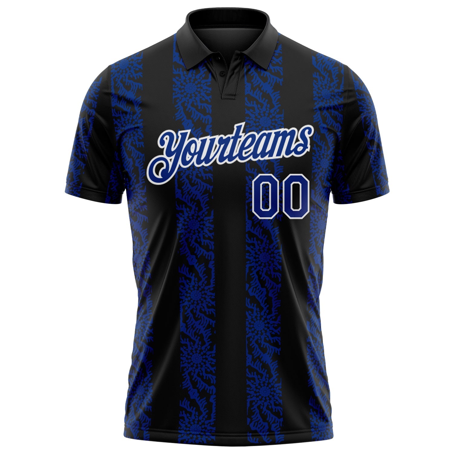 Custom Black Royal-White Abstract Floral Stripe Tribal Performance Polo Shirt