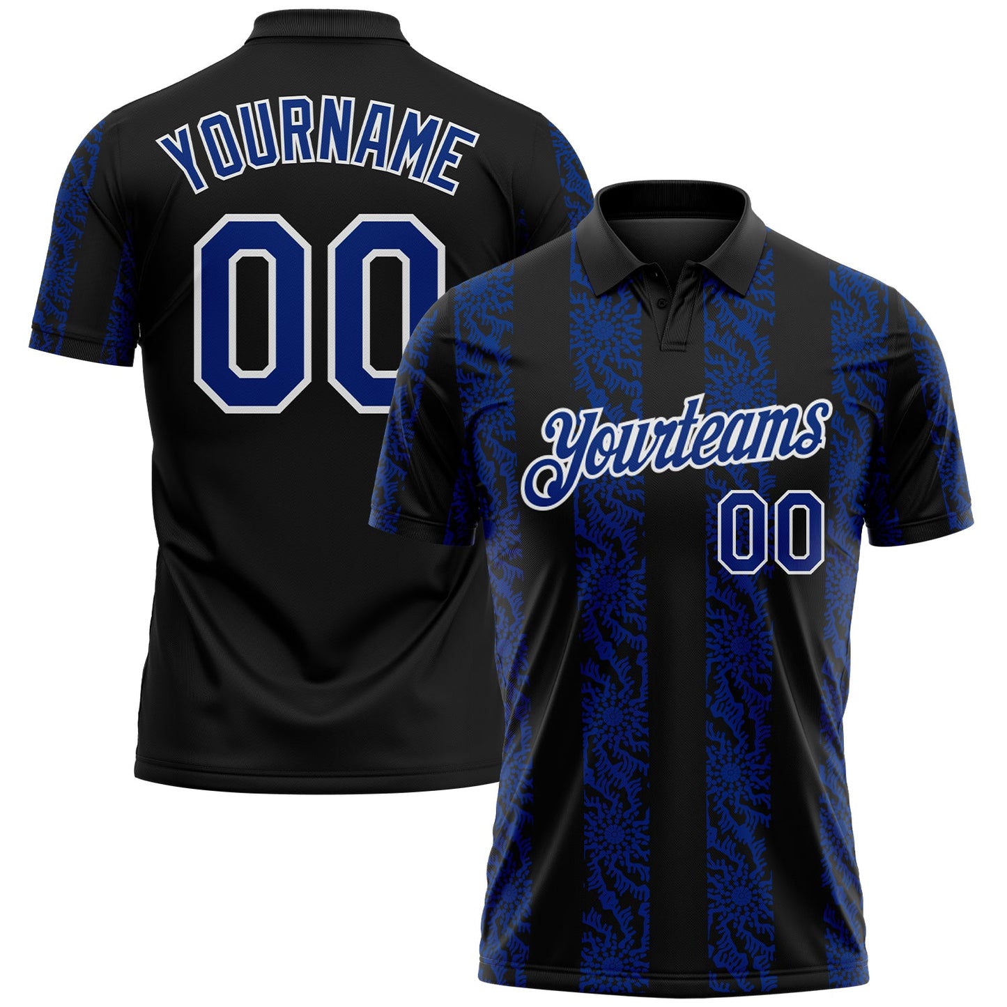 Custom Black Royal-White Abstract Floral Stripe Tribal Performance Polo Shirt