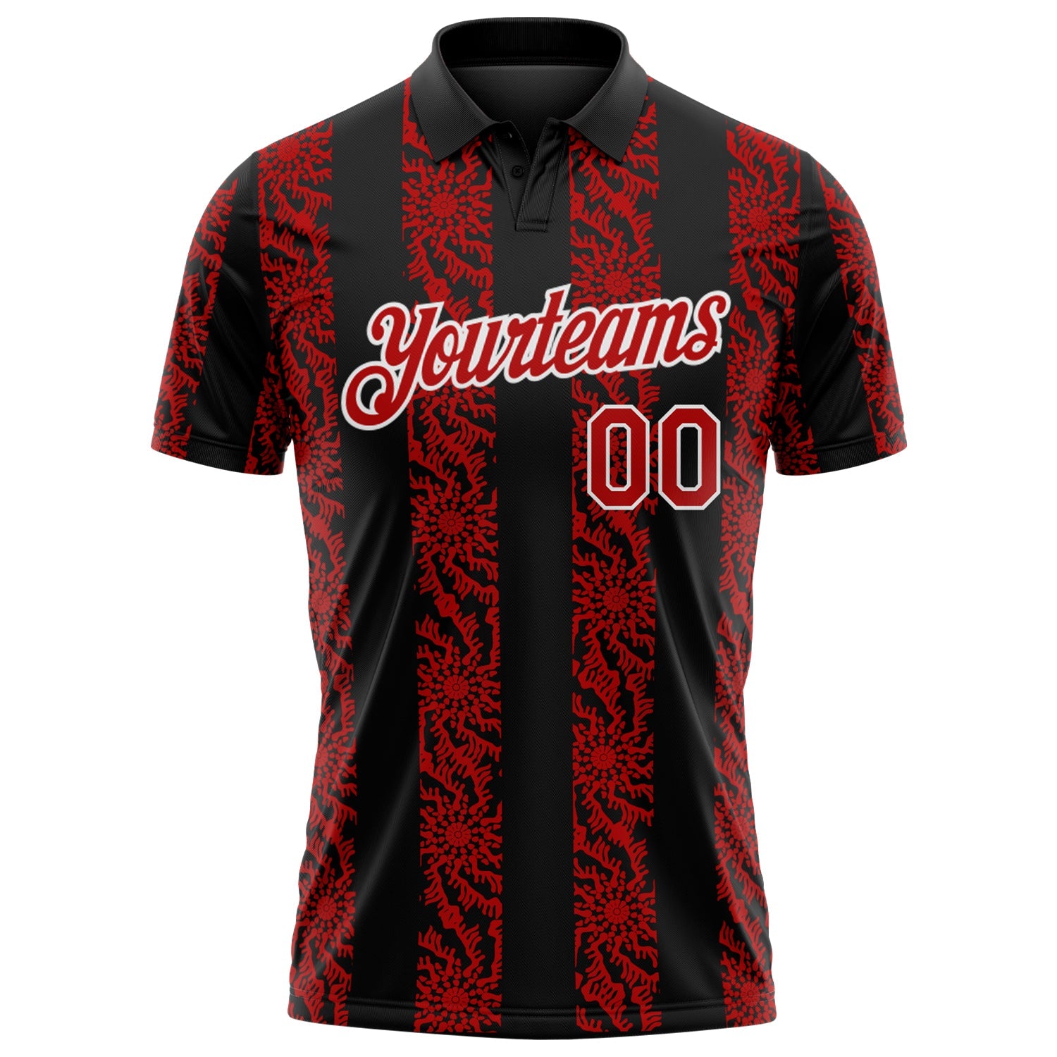 Custom Black Red-White Abstract Floral Stripe Tribal Performance Polo Shirt