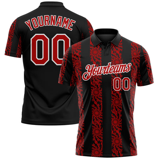 Custom Black Red-White Abstract Floral Stripe Tribal Performance Polo Shirt