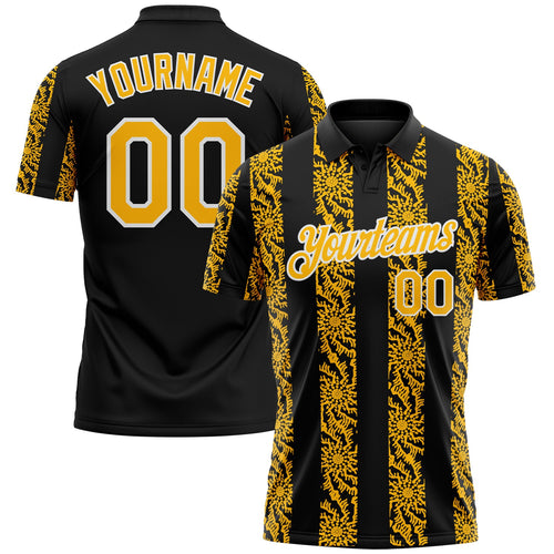Custom Black Gold-White Abstract Floral Stripe Tribal Performance Polo Shirt