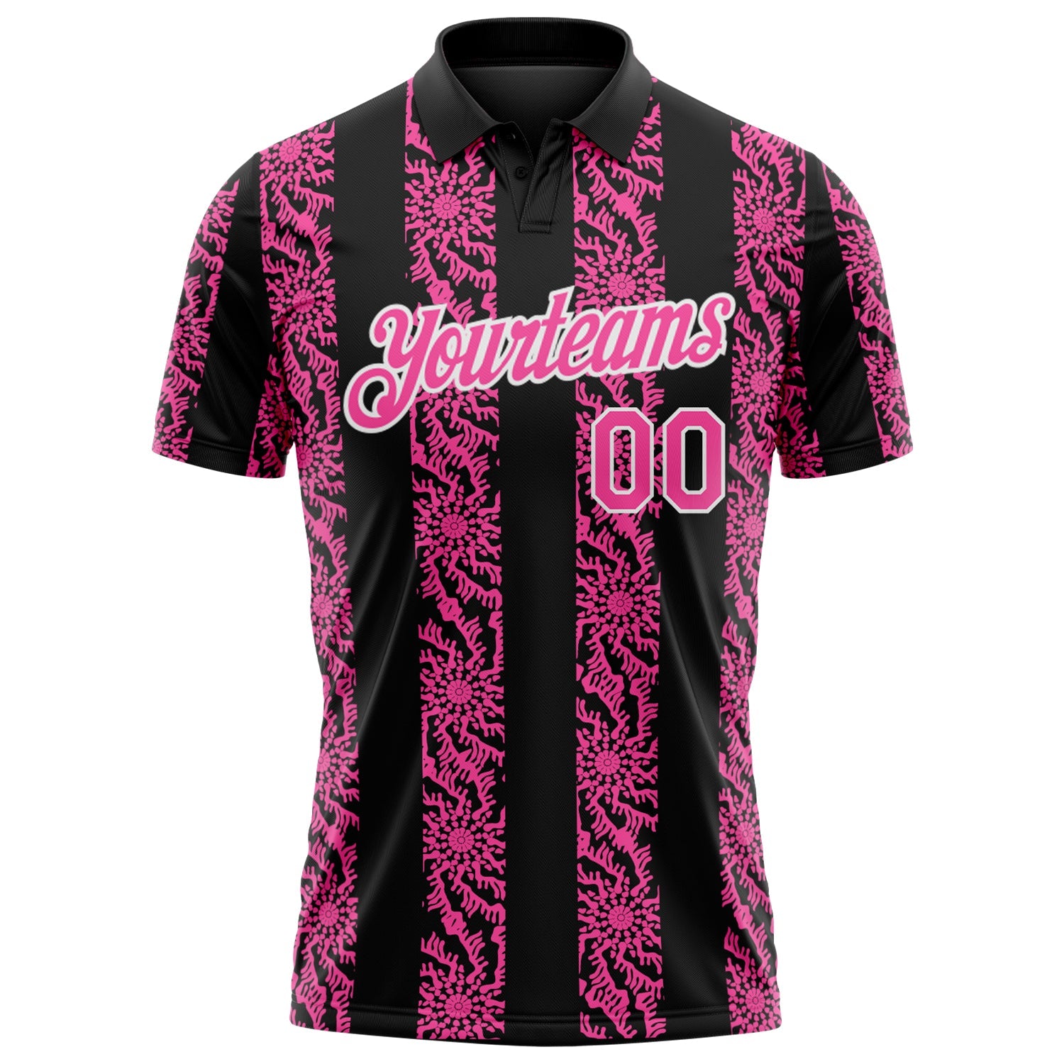 Custom Black Pink-White Abstract Floral Stripe Tribal Performance Polo Shirt