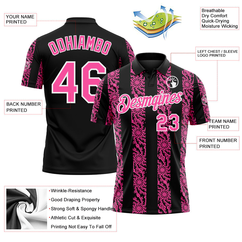 Custom Black Pink-White Abstract Floral Stripe Tribal Performance Polo Shirt