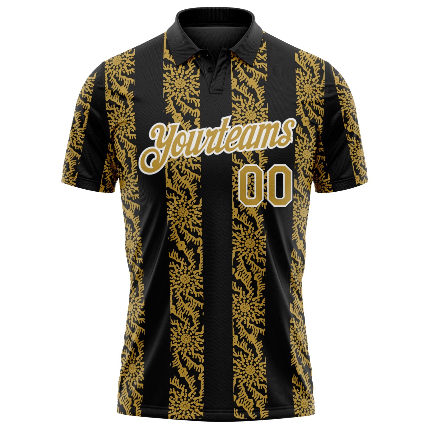 Custom Black Old Gold-White Abstract Floral Stripe Tribal Performance Polo Shirt