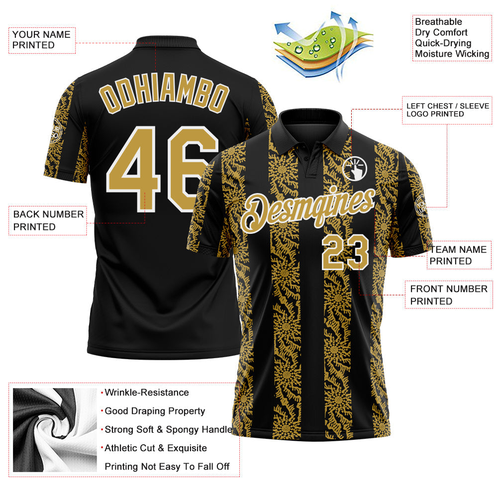 Custom Black Old Gold-White Abstract Floral Stripe Tribal Performance Polo Shirt