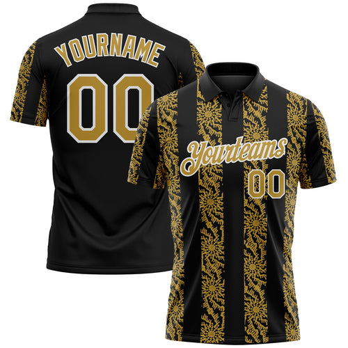 Custom Black Old Gold-White Abstract Floral Stripe Tribal Performance Polo Shirt