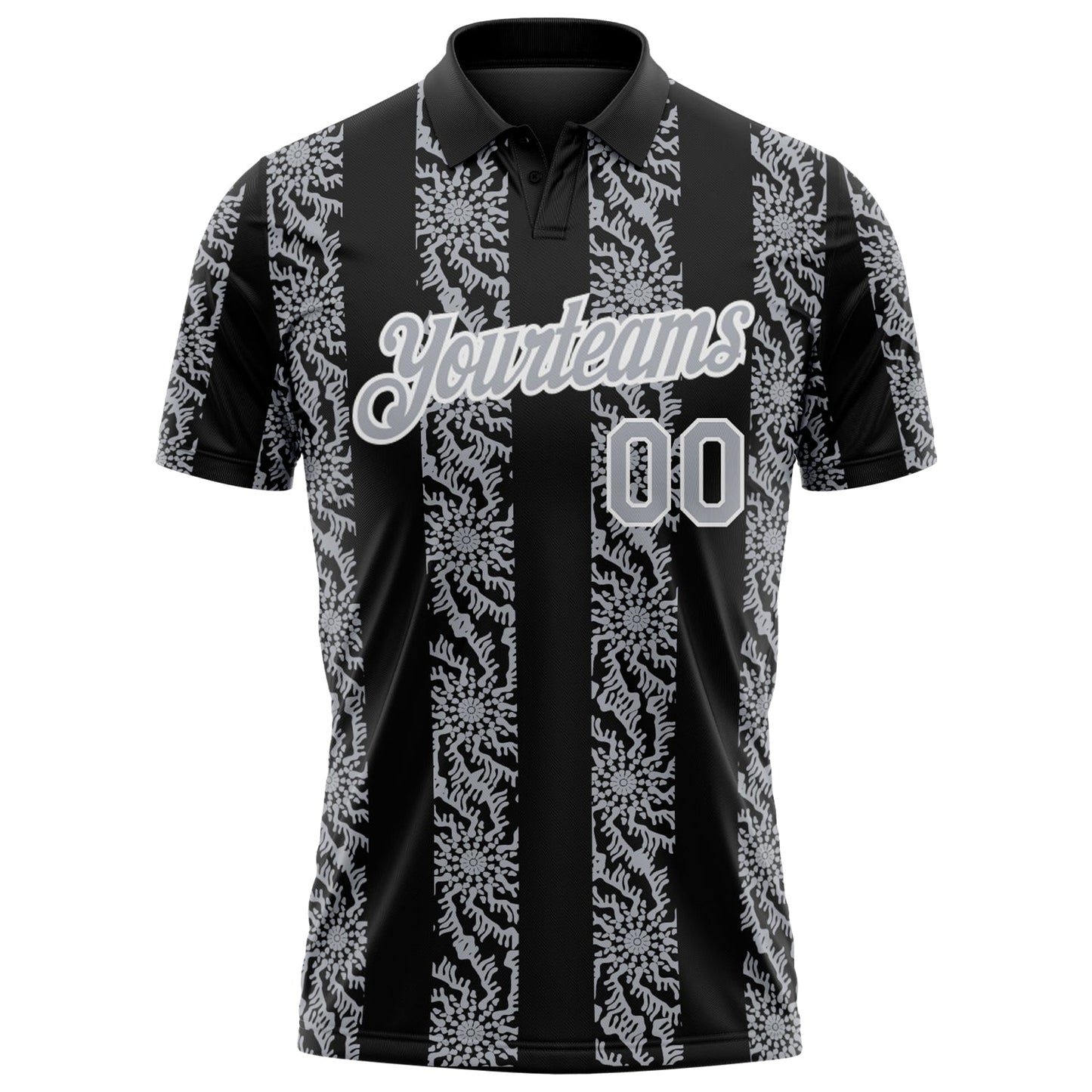 Custom Black Gray-White Abstract Floral Stripe Tribal Performance Polo Shirt