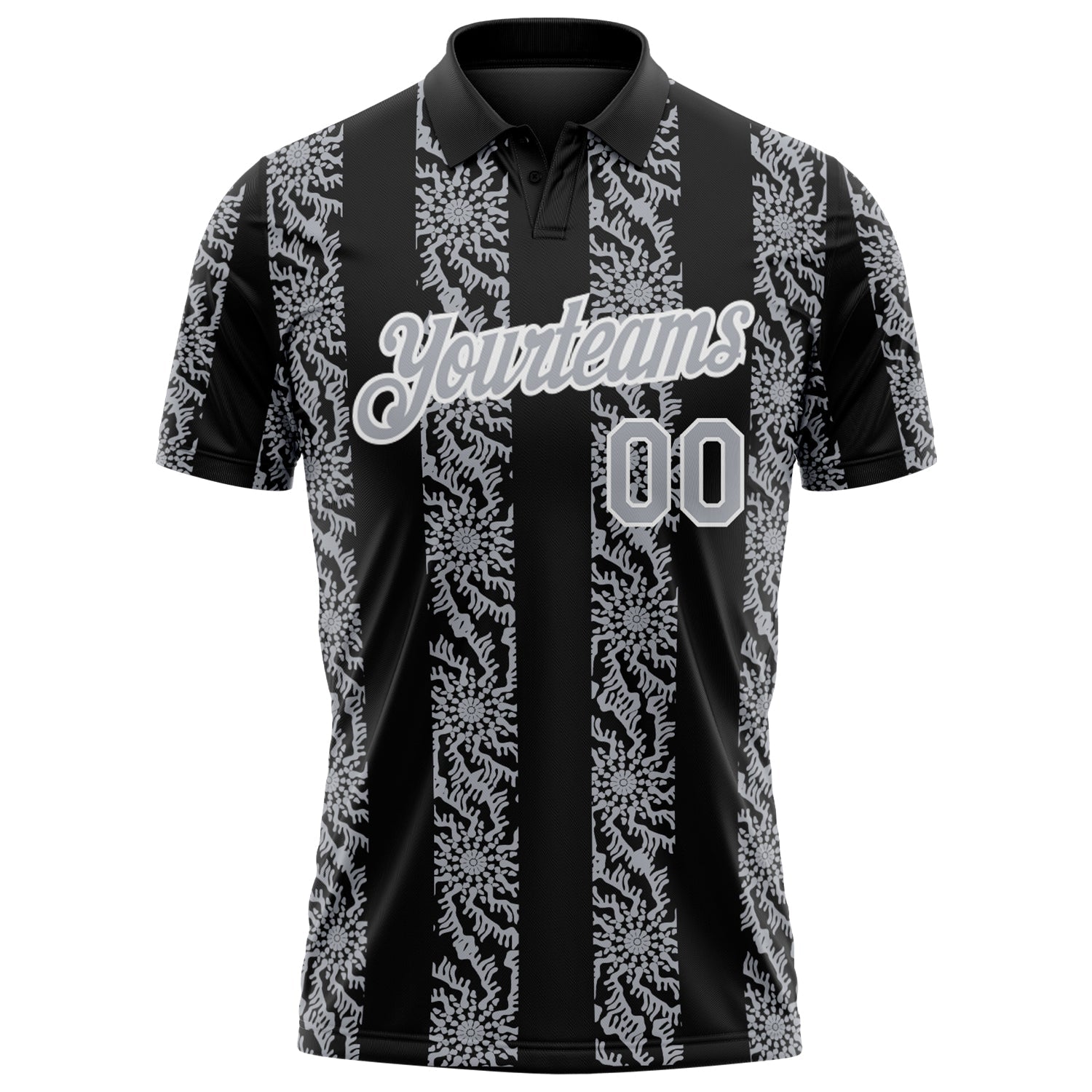 Custom Black Gray-White Abstract Floral Stripe Tribal Performance Polo Shirt