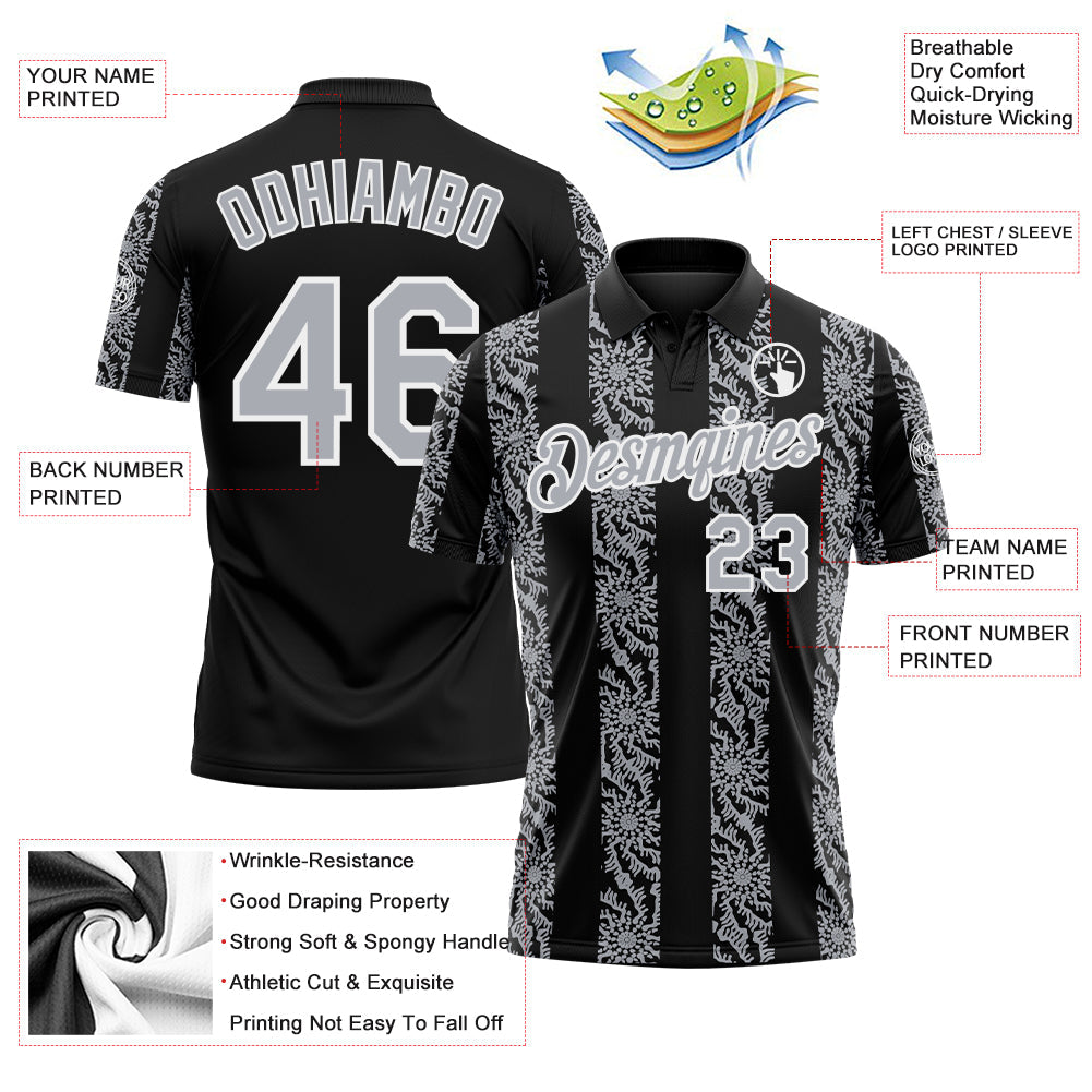 Custom Black Gray-White Abstract Floral Stripe Tribal Performance Polo Shirt