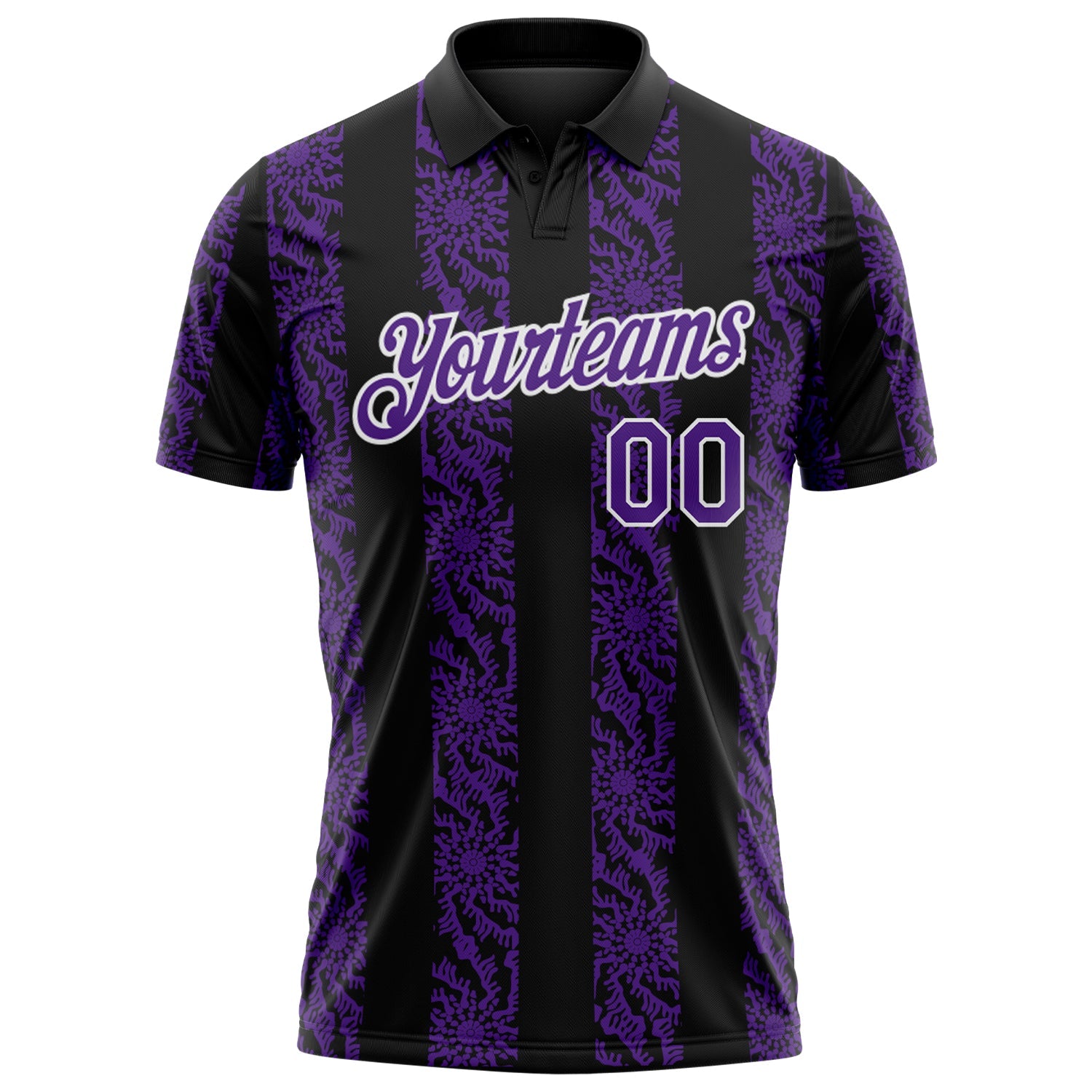 Custom Black Purple-White Abstract Floral Stripe Tribal Performance Polo Shirt