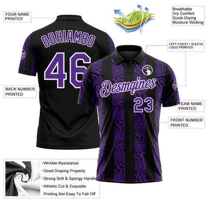 Custom Black Purple-White Abstract Floral Stripe Tribal Performance Polo Shirt