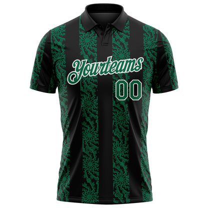 Custom Black Kelly Green-White Abstract Floral Stripe Tribal Performance Polo Shirt